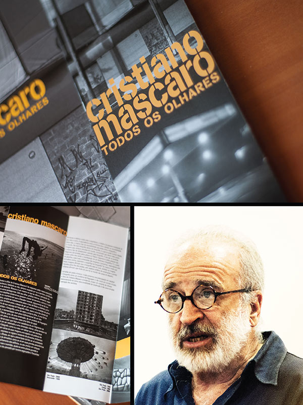 Material de divulgação da exposição de 2008 e retrato de Cristiano Mascaro durante a palestra.